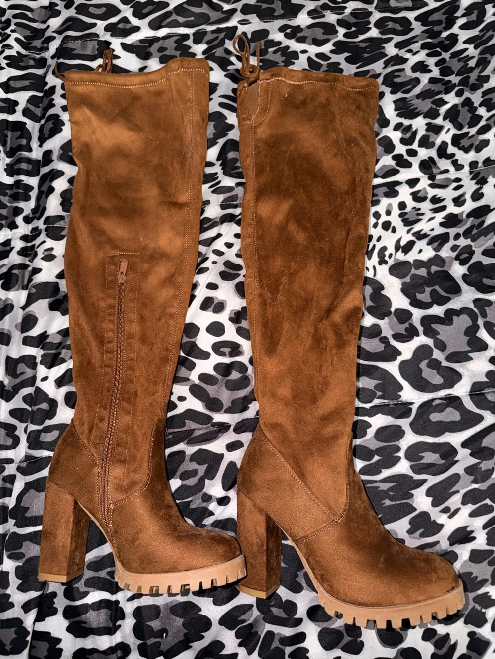 Brown Suede Over-the-Knee Platform Boots - Women